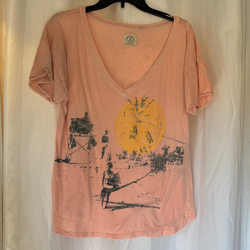 American Eagle Outfitters Peach Graphic V-Neck Tee